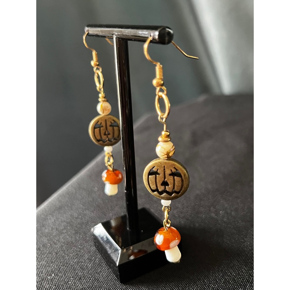Halloween Pumpkin Mushroom Earrings Gold Dangle Drop Women's Jewelry - Picture 3 of 4